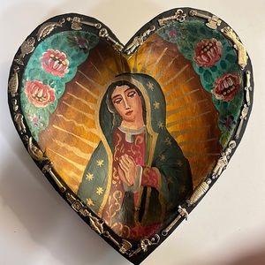 Hand Painted Folk Art Heart - Our Lady of Guadalupe with unusual Milagros
